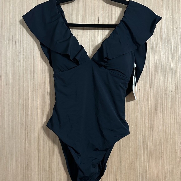 TRINA TURK Black Standard Monaco Ruffle One Piece Swimsuit, Size 6 (v) - Picture 2 of 9